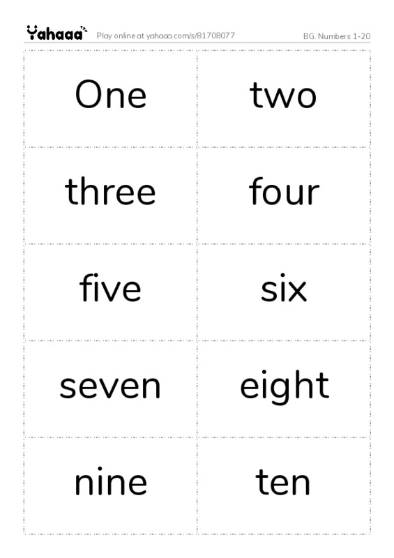 Word flashcards worksheet for BG. Numbers 1-20