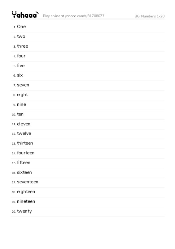 Word list with meanings worksheet for BG. Numbers 1-20