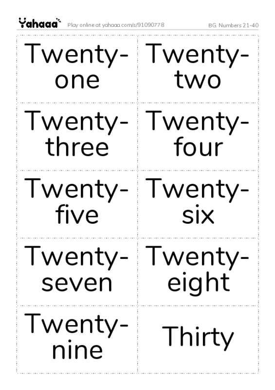 Word flashcards worksheet for BG. Numbers 21-40