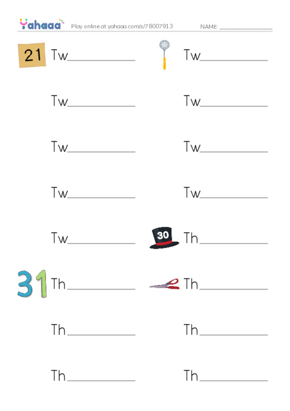 Write the word rows worksheet for BG. Numbers 21-40