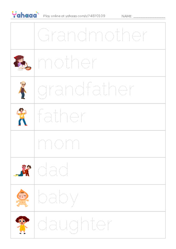 Picture and word rows worksheet for BG. Family