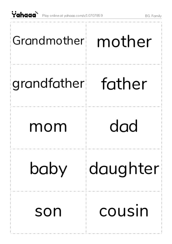 Word flashcards worksheet for BG. Family