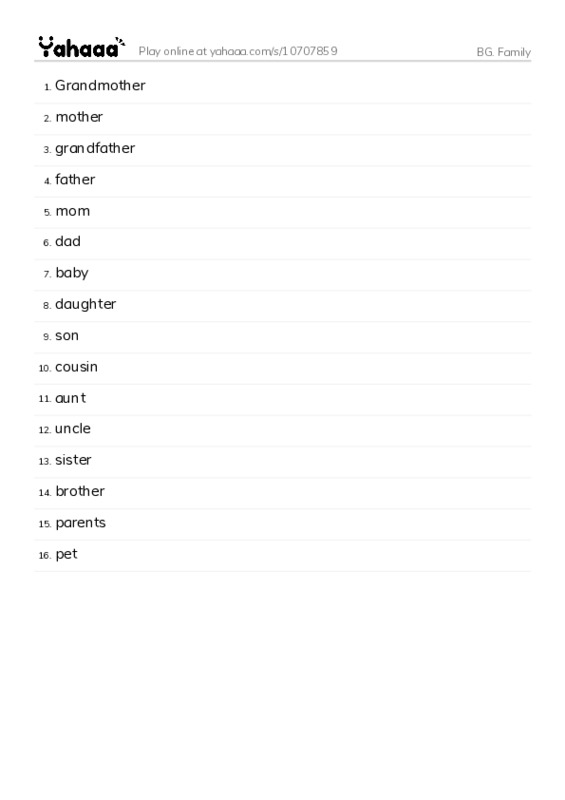 Word list with meanings worksheet for BG. Family