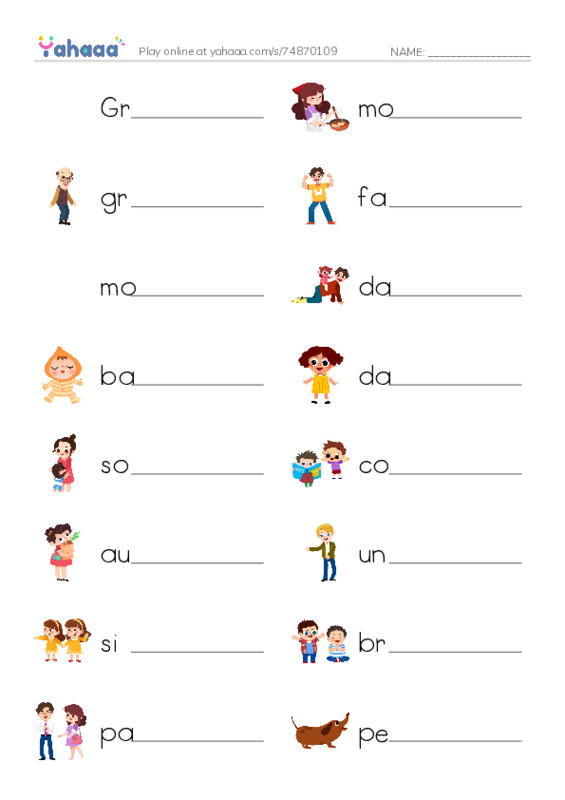 Write the word rows worksheet for BG. Family