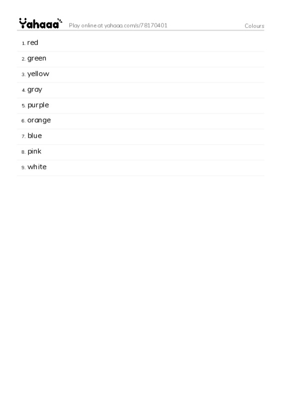 Word list with meanings worksheet for Colours