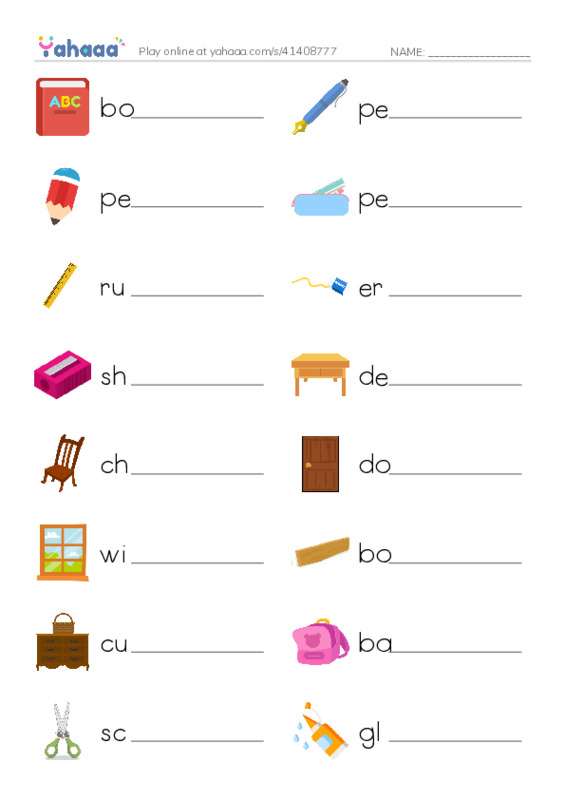 Write the word rows worksheet for In the classroom