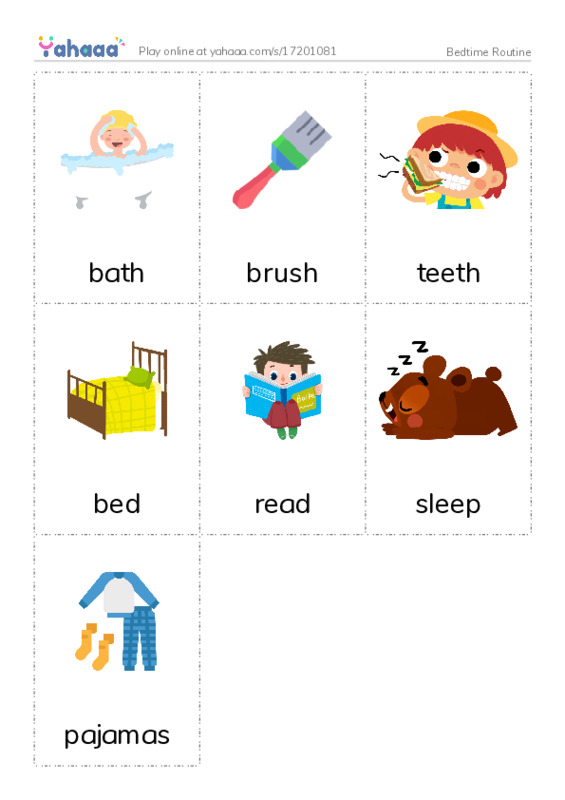Picture flashcards worksheet for Bedtime Routine