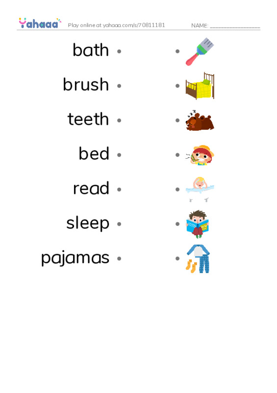 Draw a line to match worksheet for Bedtime Routine