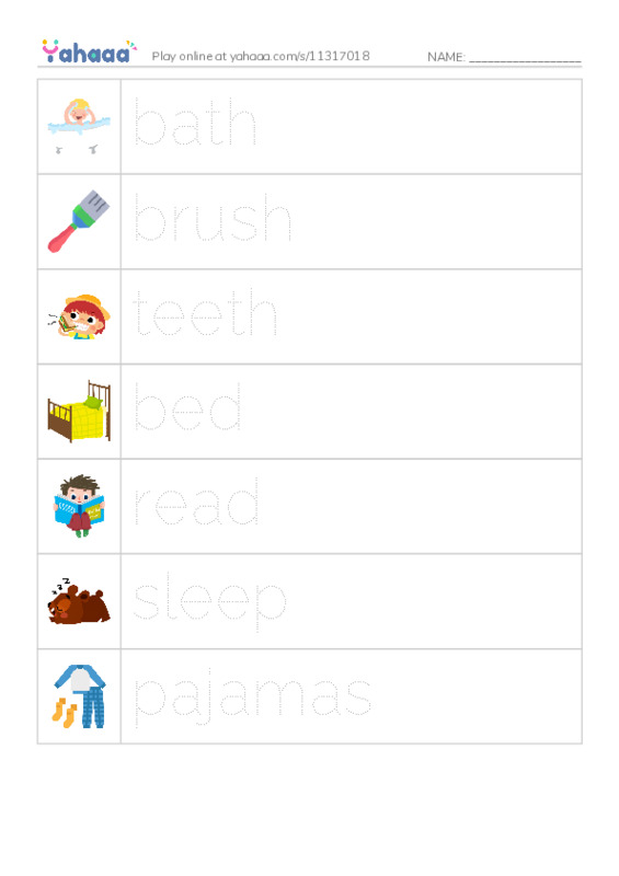 Picture and word rows worksheet for Bedtime Routine