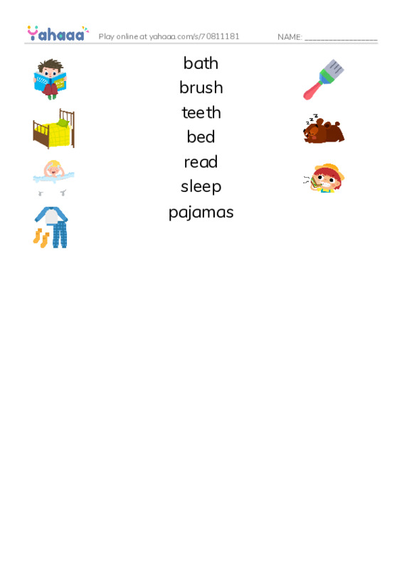 Match both sides worksheet for Bedtime Routine