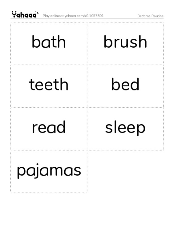 Word flashcards worksheet for Bedtime Routine