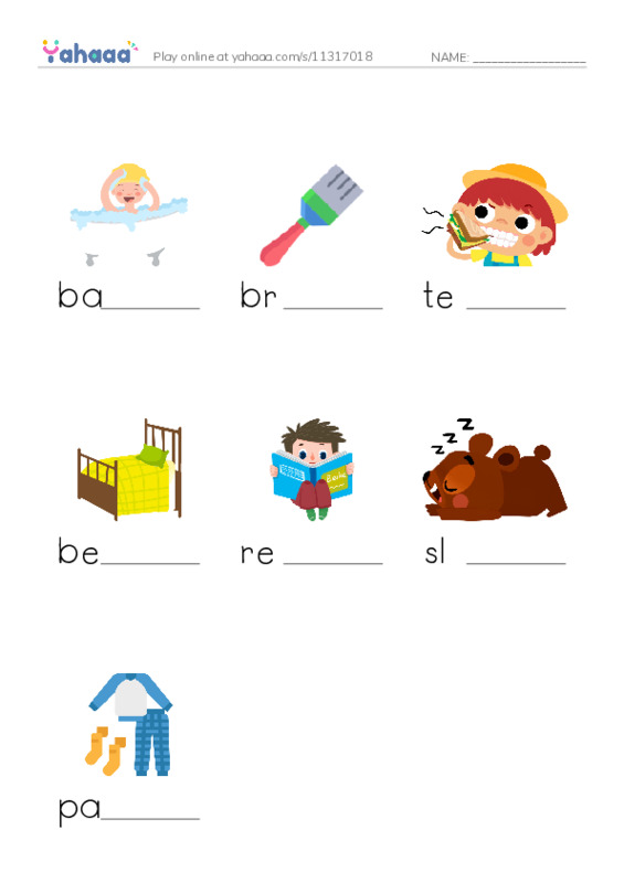 Finish the word worksheet for Bedtime Routine