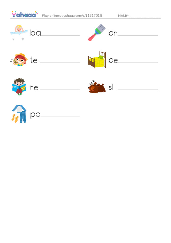 Write the word rows worksheet for Bedtime Routine
