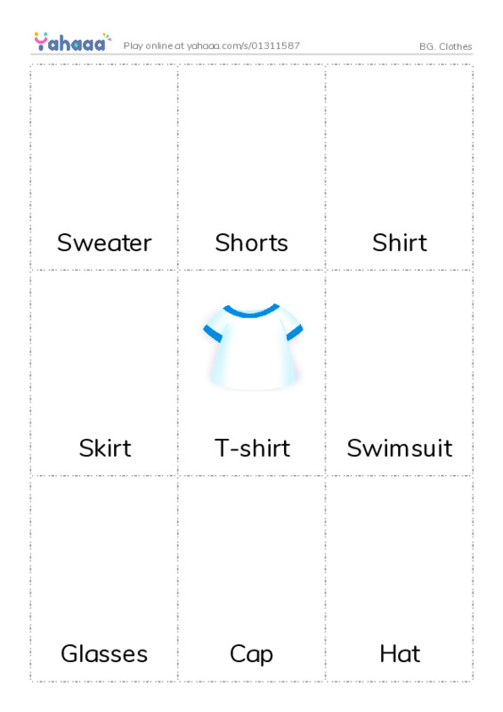 Picture flashcards worksheet for BG. Clothes