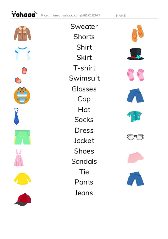 Match both sides worksheet for BG. Clothes