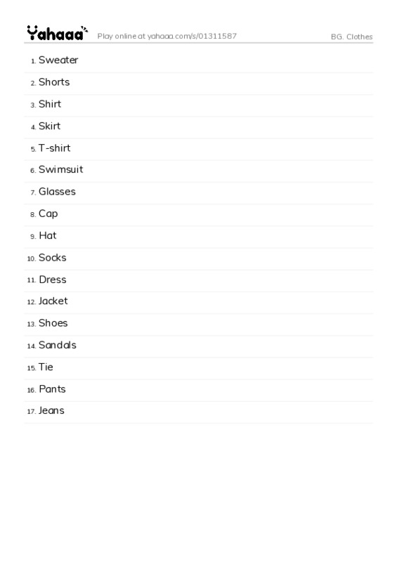 Word list with meanings worksheet for BG. Clothes