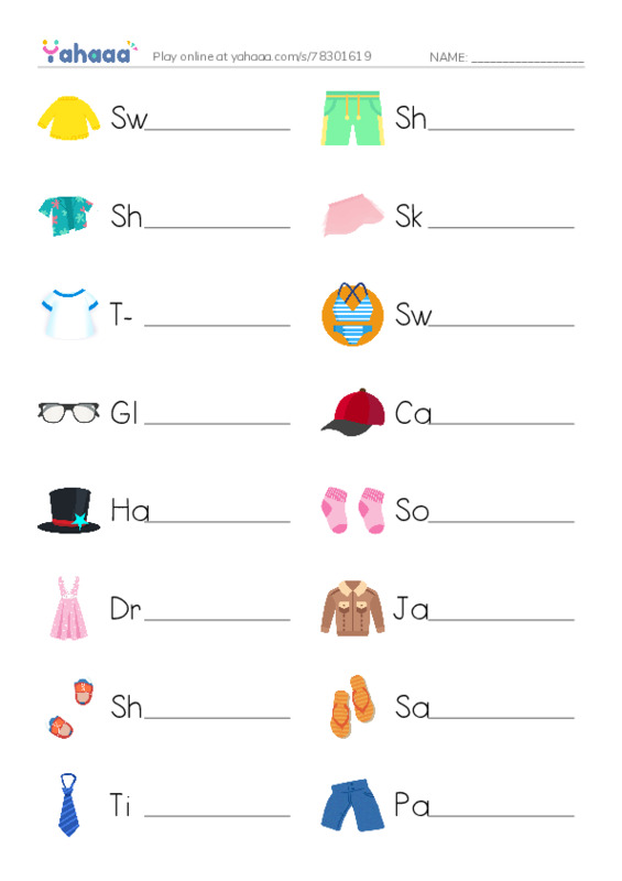 Write the word rows worksheet for BG. Clothes