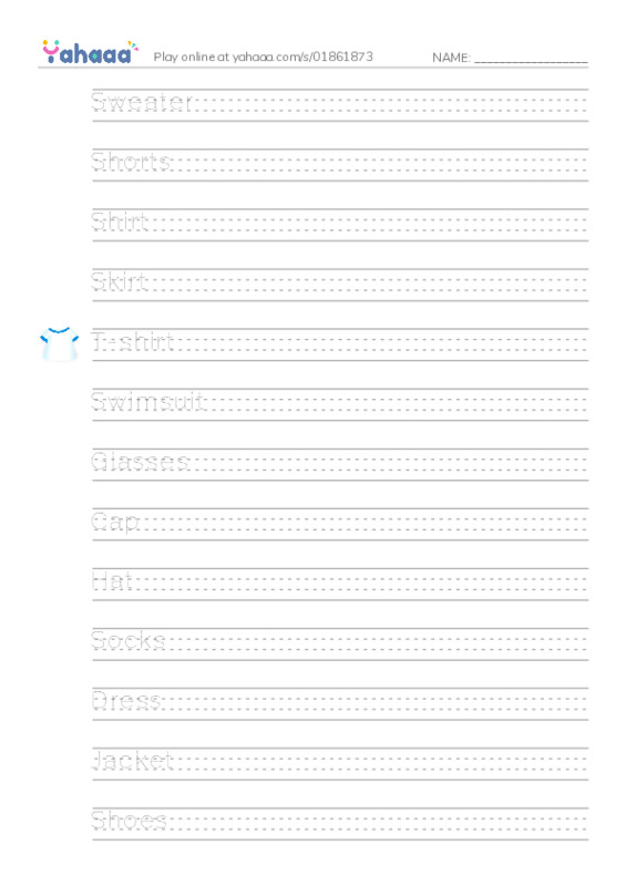 Handwriting lines worksheet for BG. Clothes