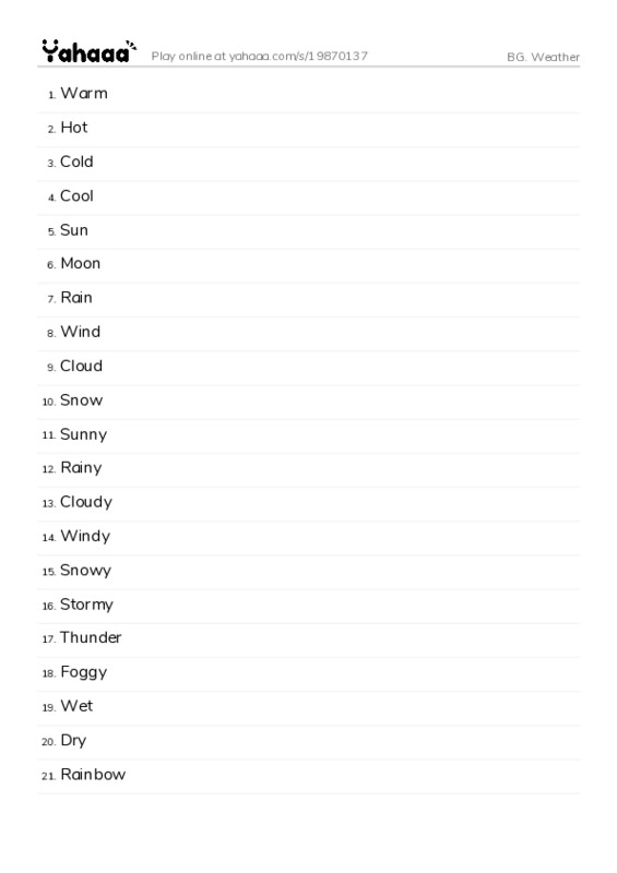 Word list with meanings worksheet for BG. Weather