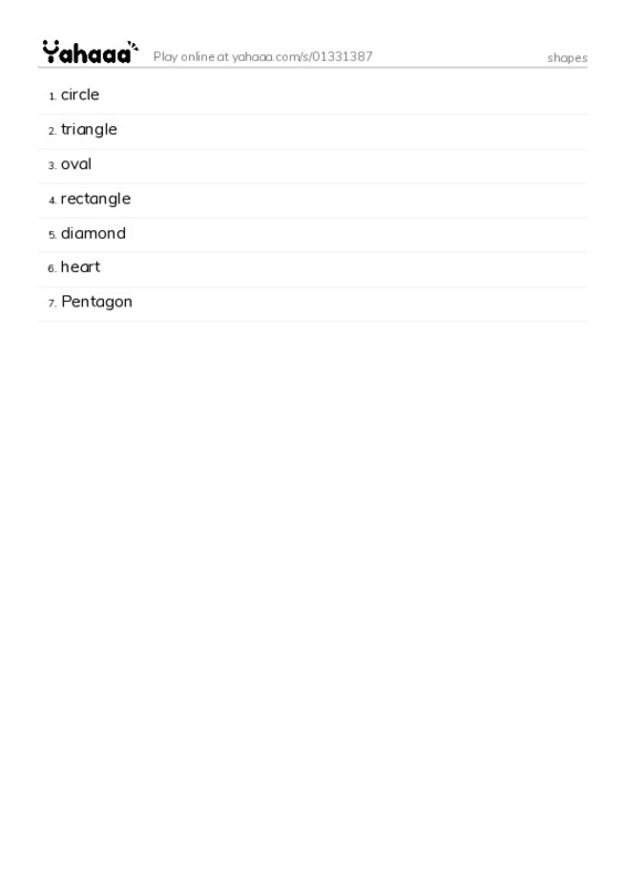 Word list with meanings worksheet for shapes
