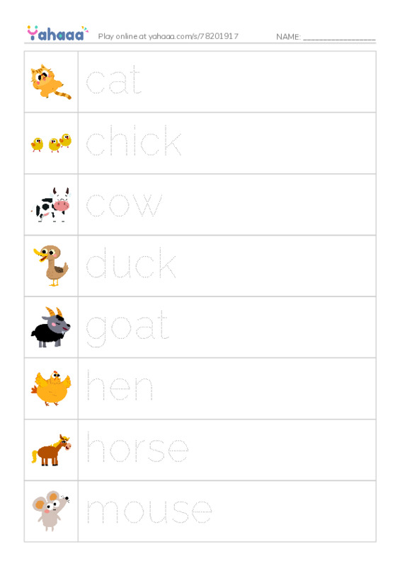 Picture and word rows worksheet for Farm