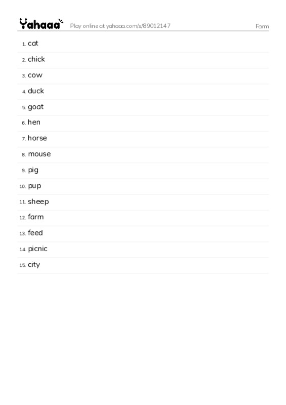 Word list with meanings worksheet for Farm
