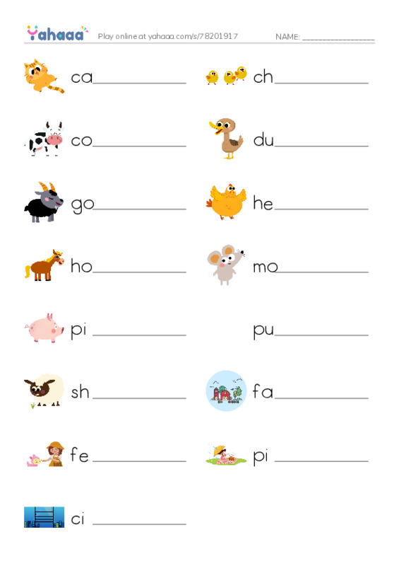 Write the word rows worksheet for Farm