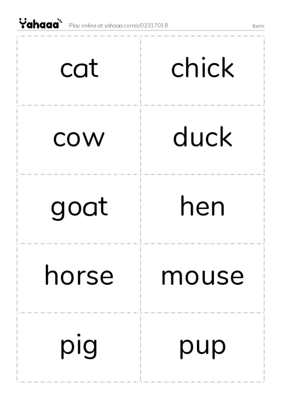 Word flashcards worksheet for farm
