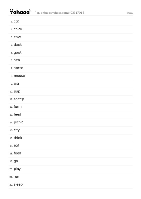 Word list with meanings worksheet for farm