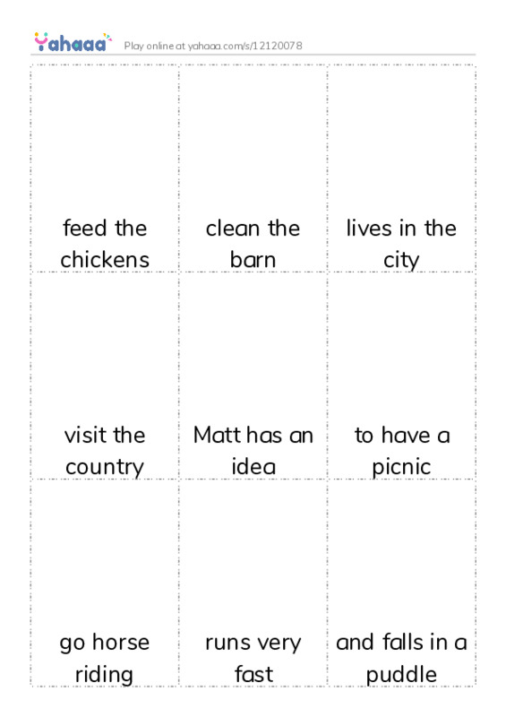 Picture flashcards worksheet for feed the chickens, clean the barn, lives in the city and 6 more