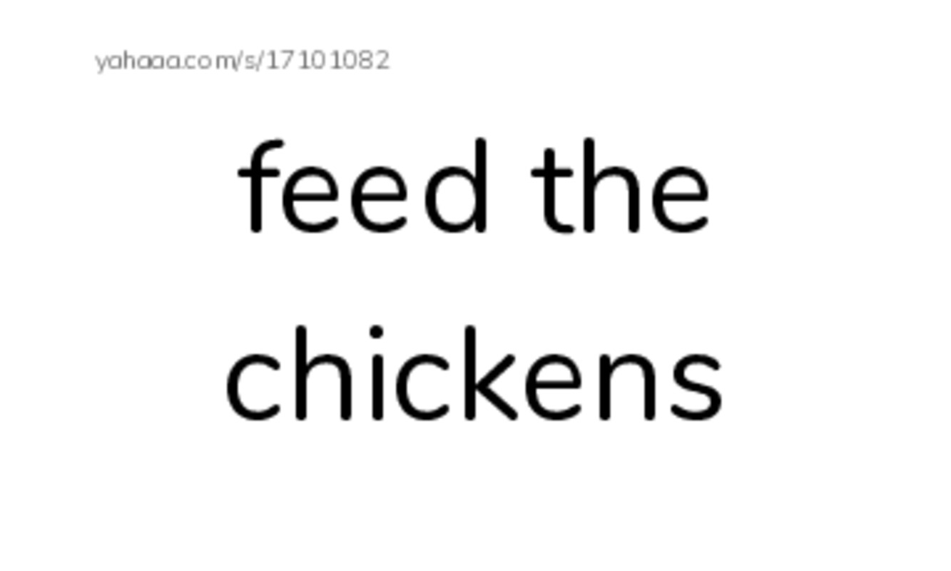 Index cards, words only worksheet for feed the chickens, clean the barn, lives in the city and 6 more