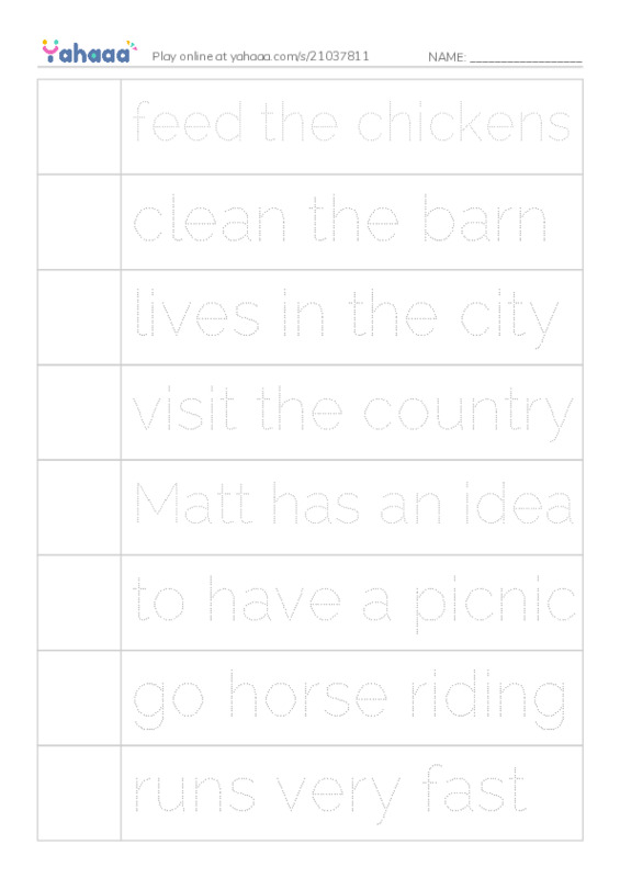 Picture and word rows worksheet for feed the chickens, clean the barn, lives in the city and 6 more