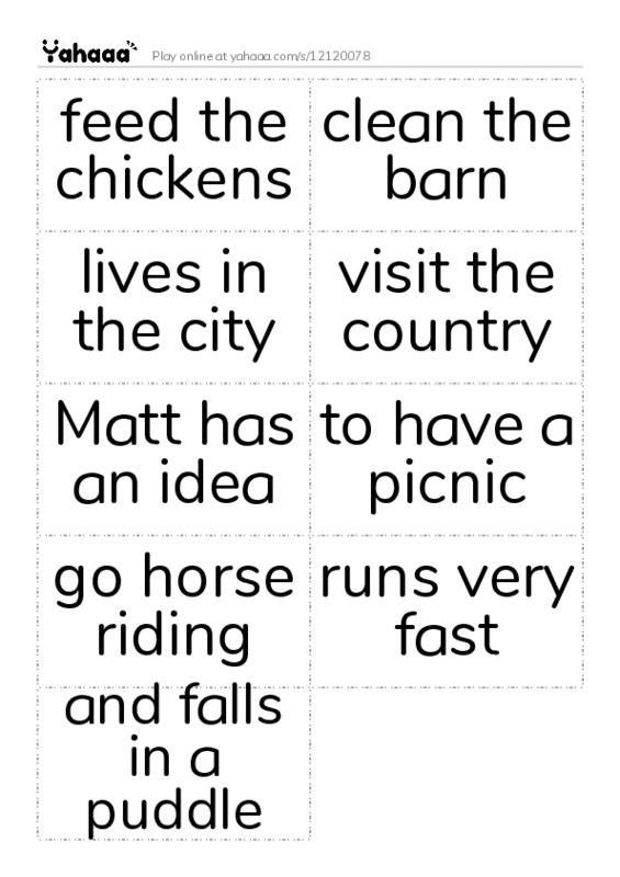 Word flashcards worksheet for feed the chickens, clean the barn, lives in the city and 6 more