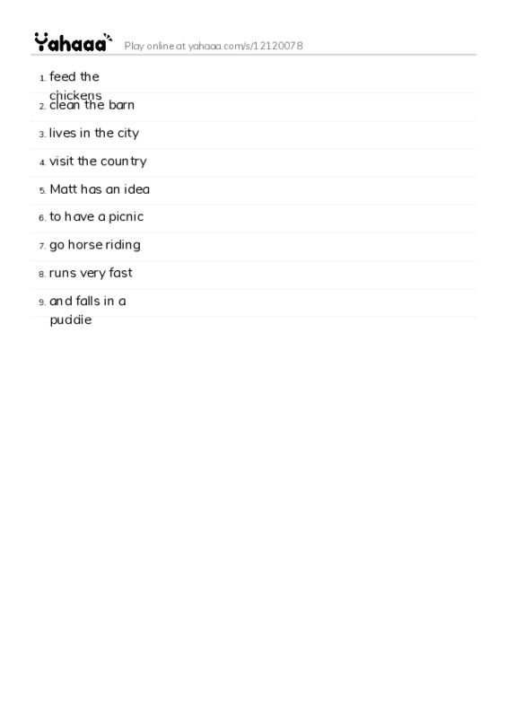 Word list with meanings worksheet for feed the chickens, clean the barn, lives in the city and 6 more