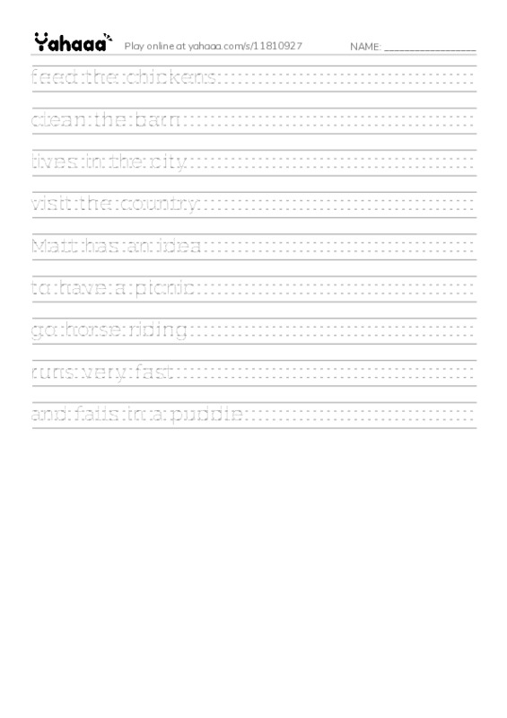 Handwriting lines worksheet for feed the chickens, clean the barn, lives in the city and 6 more