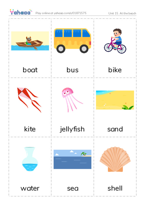 Picture flashcards worksheet for Unit 15. At the beach