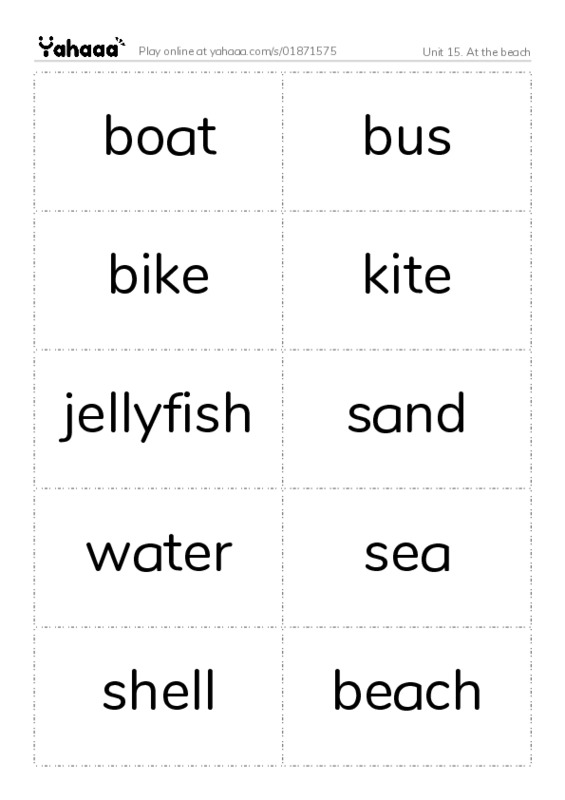 Word flashcards worksheet for Unit 15. At the beach