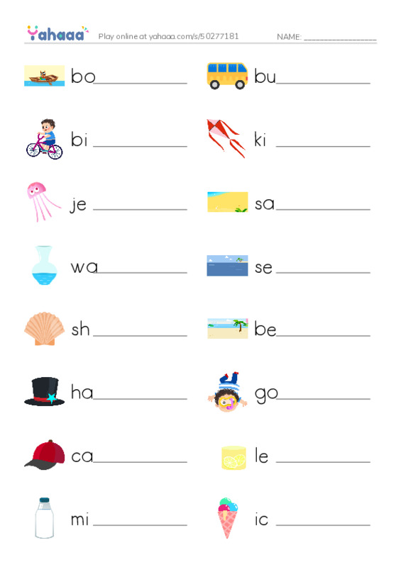 Write the word rows worksheet for Unit 15. At the beach
