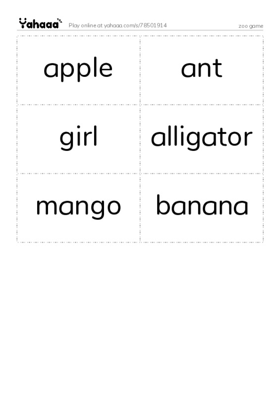 Word flashcards worksheet for zoo game