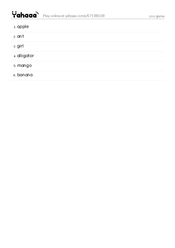 Word list with meanings worksheet for zoo game
