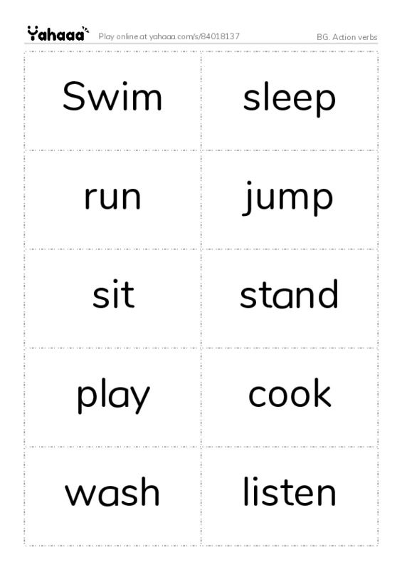 Word flashcards worksheet for BG. Action verbs