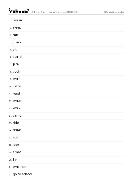 Word list with meanings worksheet for BG. Action verbs