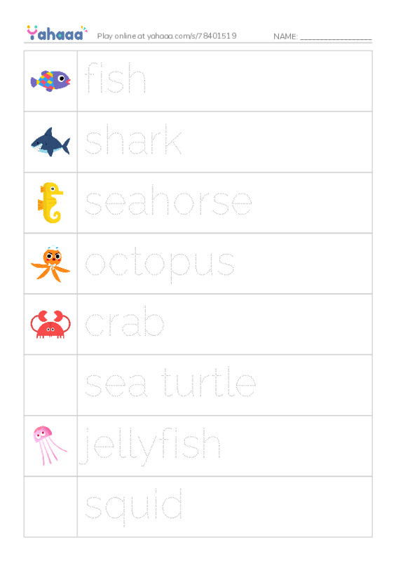 Picture and word rows worksheet for sea animals