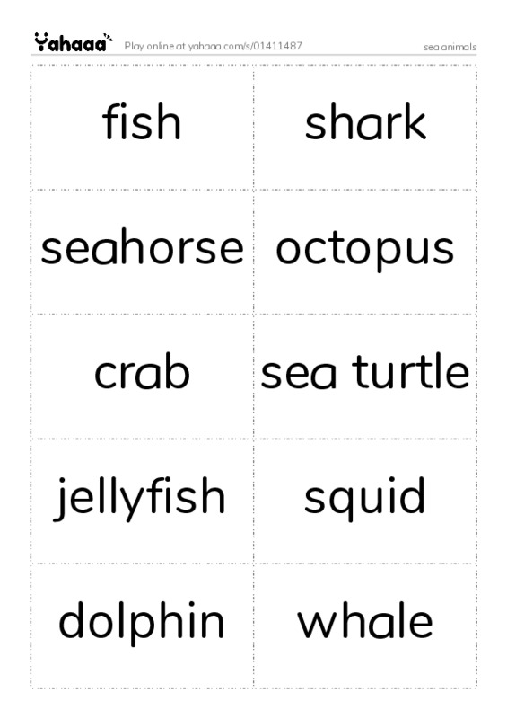 Free worksheet on sea animals - Two columns flashcards | Yahaaa!