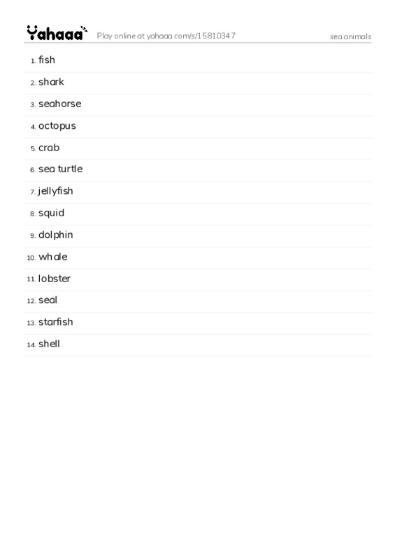 Word list with meanings worksheet for sea animals