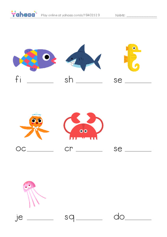 Finish the word worksheet for sea animals