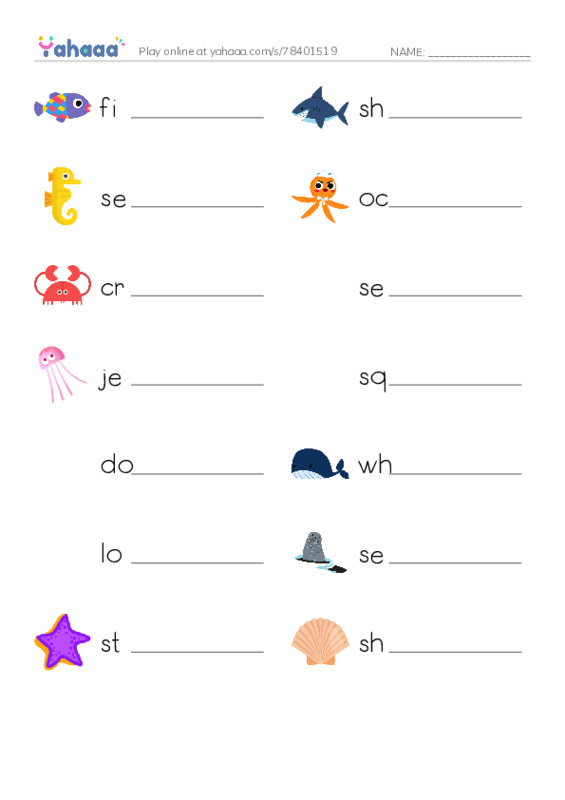 Write the word rows worksheet for sea animals