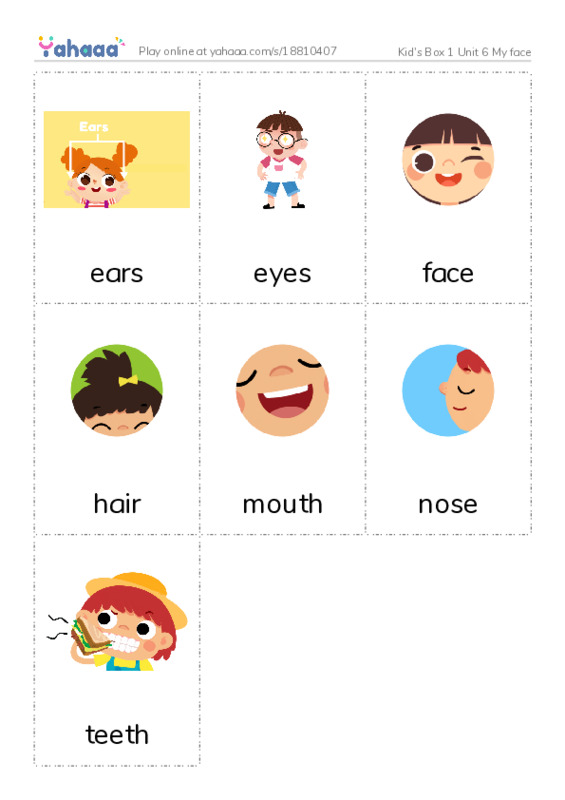Picture flashcards worksheet for Kid's Box 1 Unit 6 My face