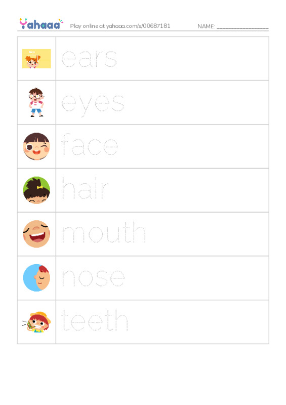 Picture and word rows worksheet for Kid's Box 1 Unit 6 My face