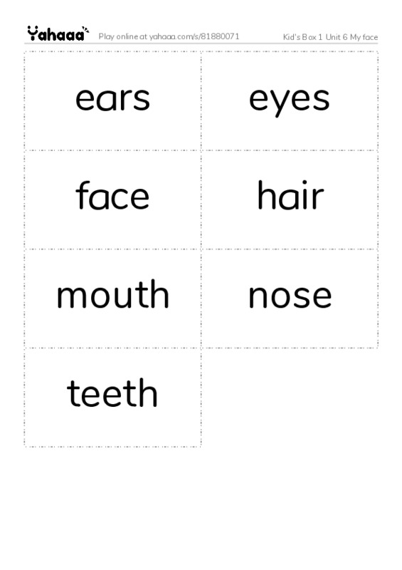 Word flashcards worksheet for Kid's Box 1 Unit 6 My face